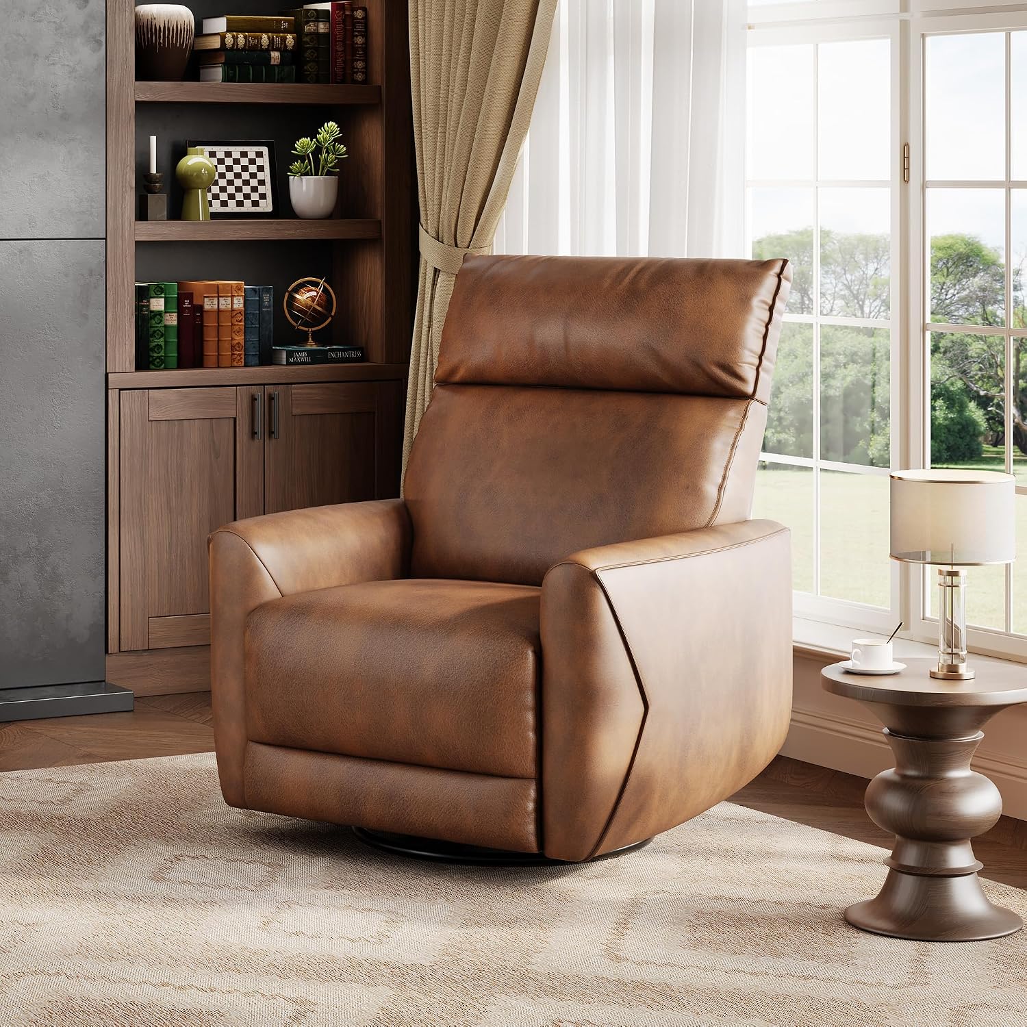 Power Recliner Chair, 270° Swivel Glider with USB Charging Port, Large PU Leather Seat, Wide 22.4', Ergonomic High Back for Living Room, Nursery (Power Walnut)