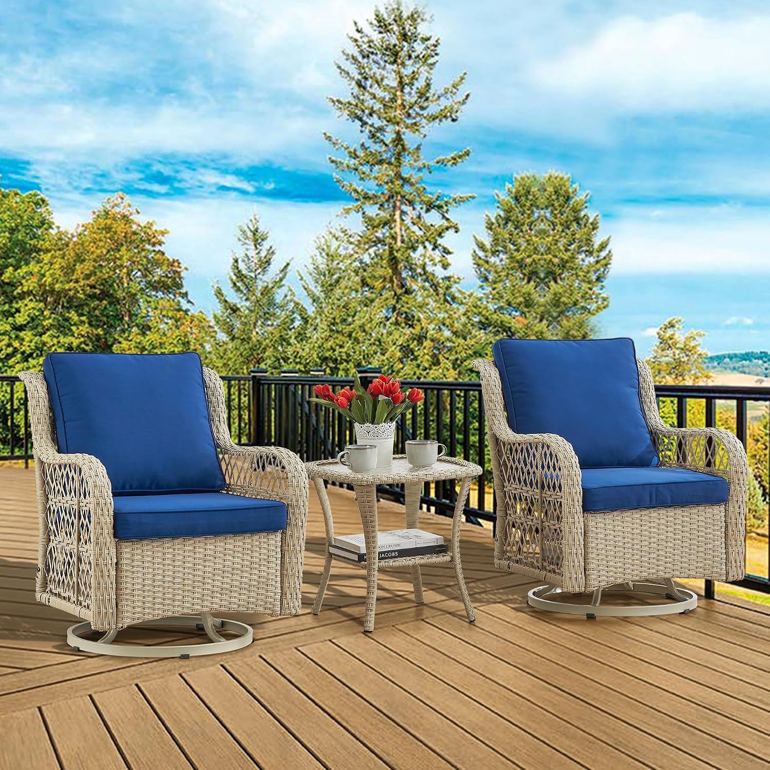 GAOMON 3 Piece Outdoor Patio Set, Wicker Rocking Bistro Set with 2 Swivel Chairs & Tempered Glass Top Table, Rattan Outdoor Furniture with Cushions for Patio Porch Backyard,Beige/Light Blue Cushion