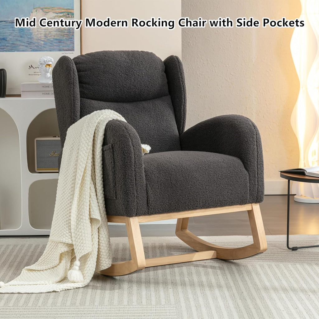 Setawix Teddy Rocking Glider Chair for Nursery,Upholstered Living Room Rocker Arm Chair,Leisure Sherpa Wingback Armchair,Mid Century Modern Rocking Accent Chair with Side Pockets (Wingback Dark Grey)