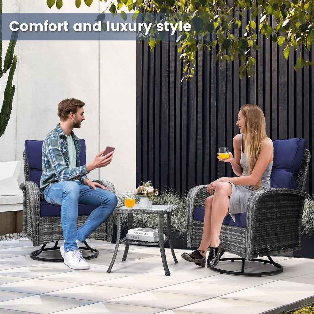wildformers Luxury Outdoor Swivel Wicker Glider Patio Chairs with Table Set, Overstuffed Washable Cushions, Ideal for Porch, Balcony, Deck, Grey Rattan and Blue Cushion