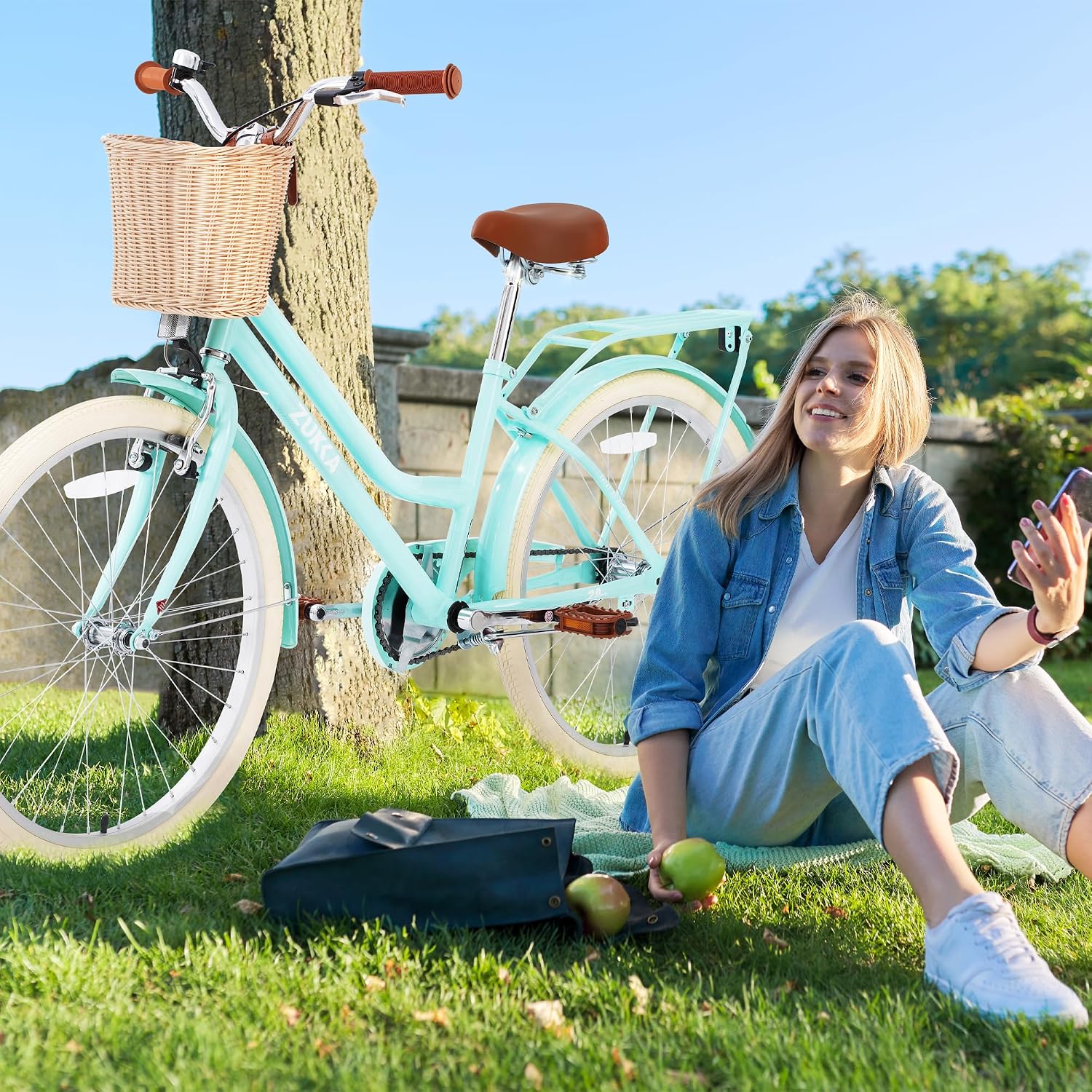 MEGHNA Cruiser Bike 20 inch/24 inch Wheels Girls Women Bike Single Speed Commuter Bike with Basket V-Brake and Coast Brake Women Ladys Bicycle, Multicolors