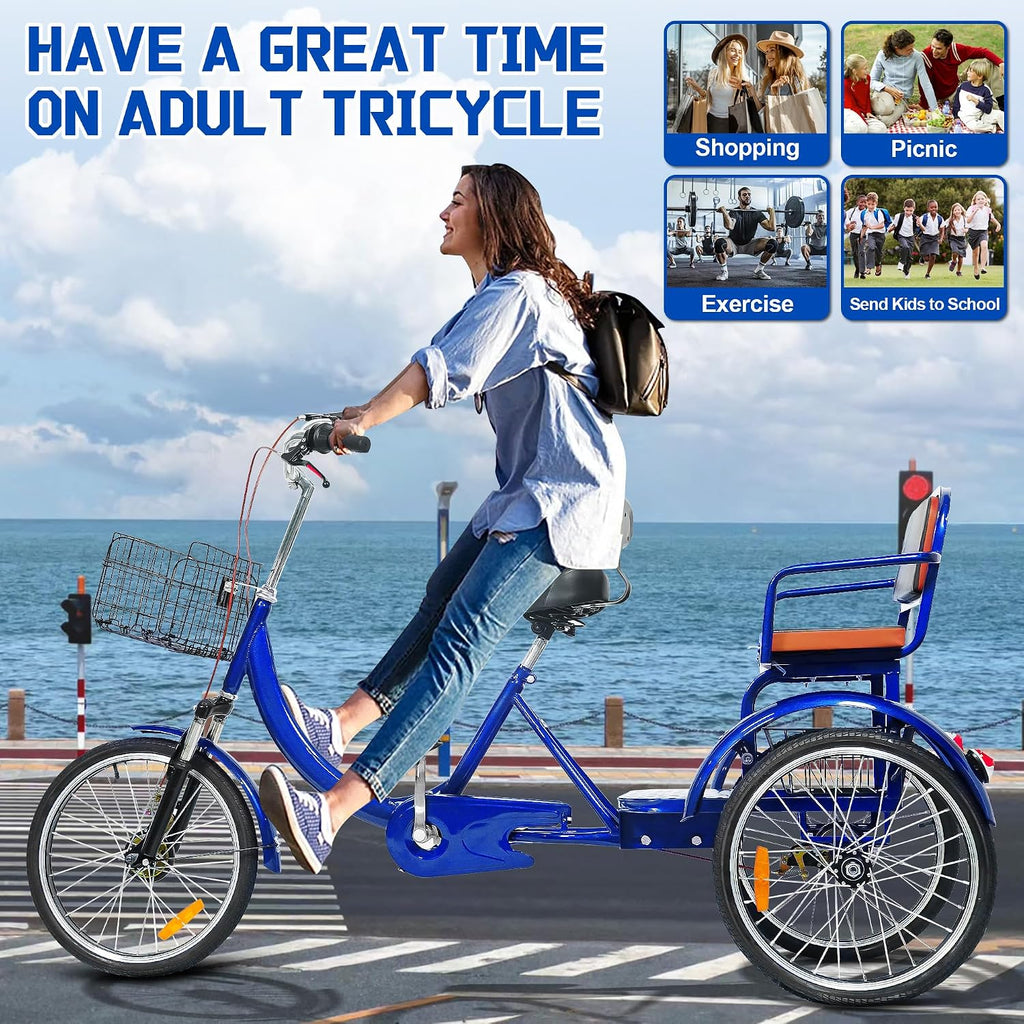 MOOITZ Adult Tricycle, 20 Inch 3-Wheel Bikes, Trike for Adults with Seat, Low Step-Through Cruiser Bike with Front and Rear Baskets, Adult Tricycles for Women, Seniors, Men