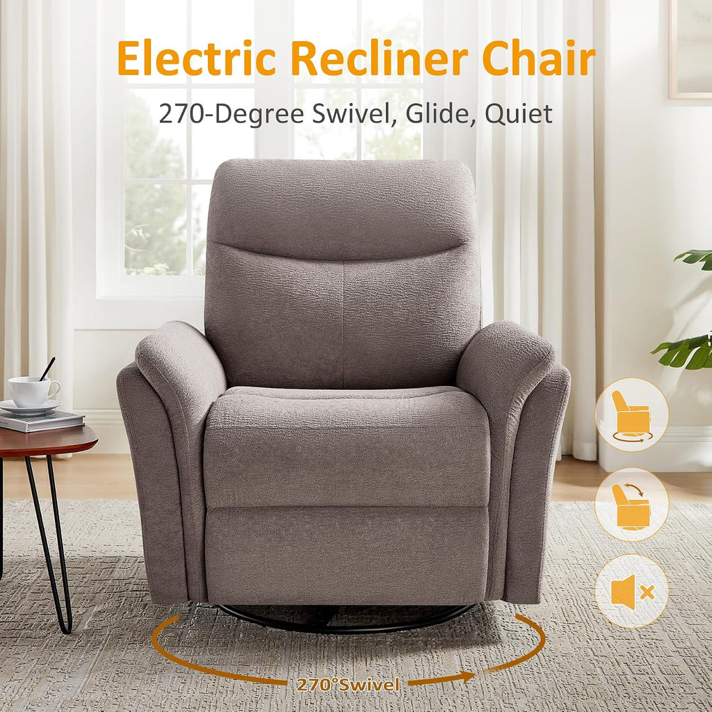 VANOMi Power Recliner Chair Swivel Glider, Electric Rocking Recliner Chairs with USB and Type-C Ports, Nursery Chair Recliner for Living Room, Bedroom, Apartment（Light Brown）