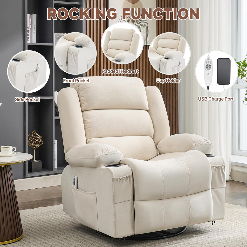 Rocker Recliner Chair with Heat and Massage, 360° Swivel Nursery Rocking Chairs for Adults, Oversized Recliner Single Sofa Seat with Cup Holders, Lazy Boy Recliner Single Sofa (Manual, Beige)