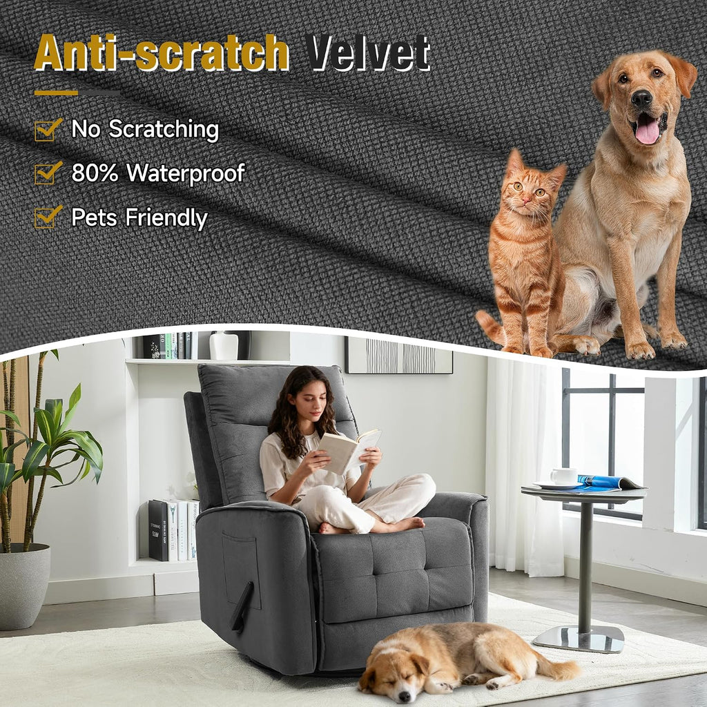 Swivel Rocker Recliner Chair, Rocking Chair, Small Swivel Recliner for Small Spaces, Living Room, RV(Dark Grey)