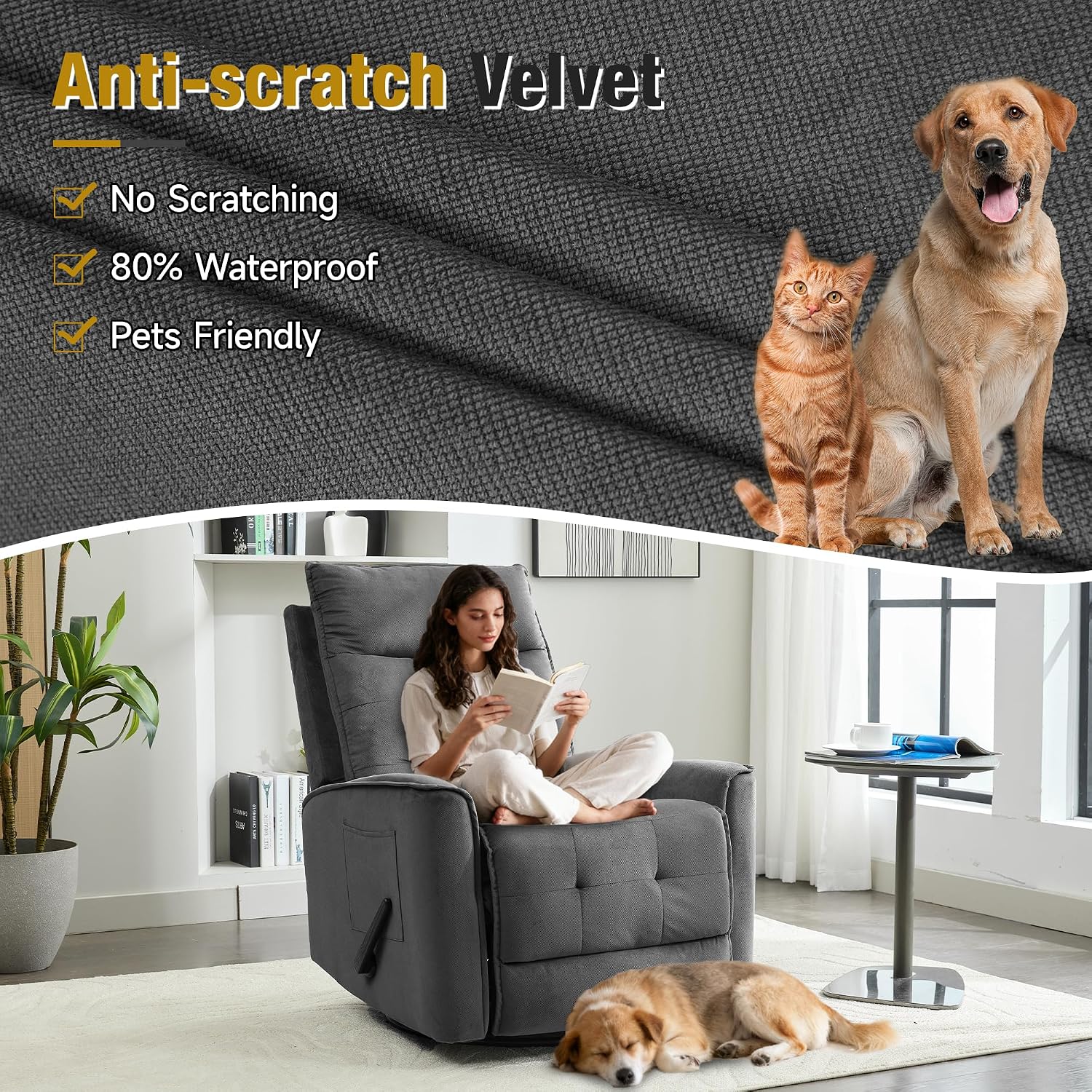 Swivel Rocker Recliner Chair, Rocking Chair, Small Swivel Recliner for Small Spaces, Living Room, RV(Dark Grey)