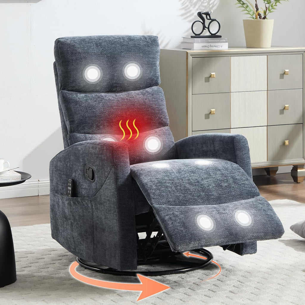 Luxlen Manual Swivel Rocker Recliner Chair with Massage, Overstuffed Recliner Glider with Vibration Massage and Heat for Nursery, Living Room Reclining Sofa Chair, Fabric Blue