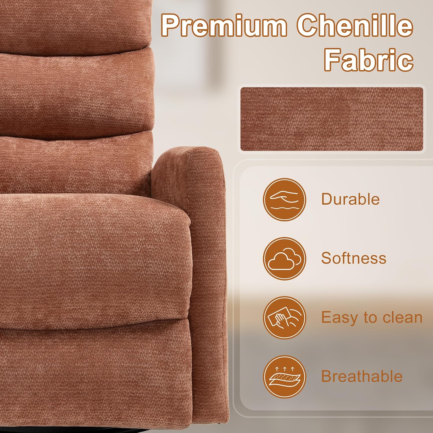Manual Swivel Rocker Recliner Chair for Adults, Overstuffed Reclining Glider Chair for Nursing with Vibration Massage & Heat, Living Room Rocking Recliner 3-Stage backrest, Chenille Fabric Orange