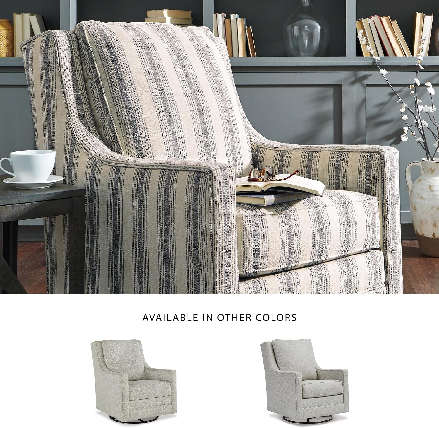 Signature Design by Ashley Kambria Striped Upholstered Swivel Accent Glider Chair, Ivory & Black