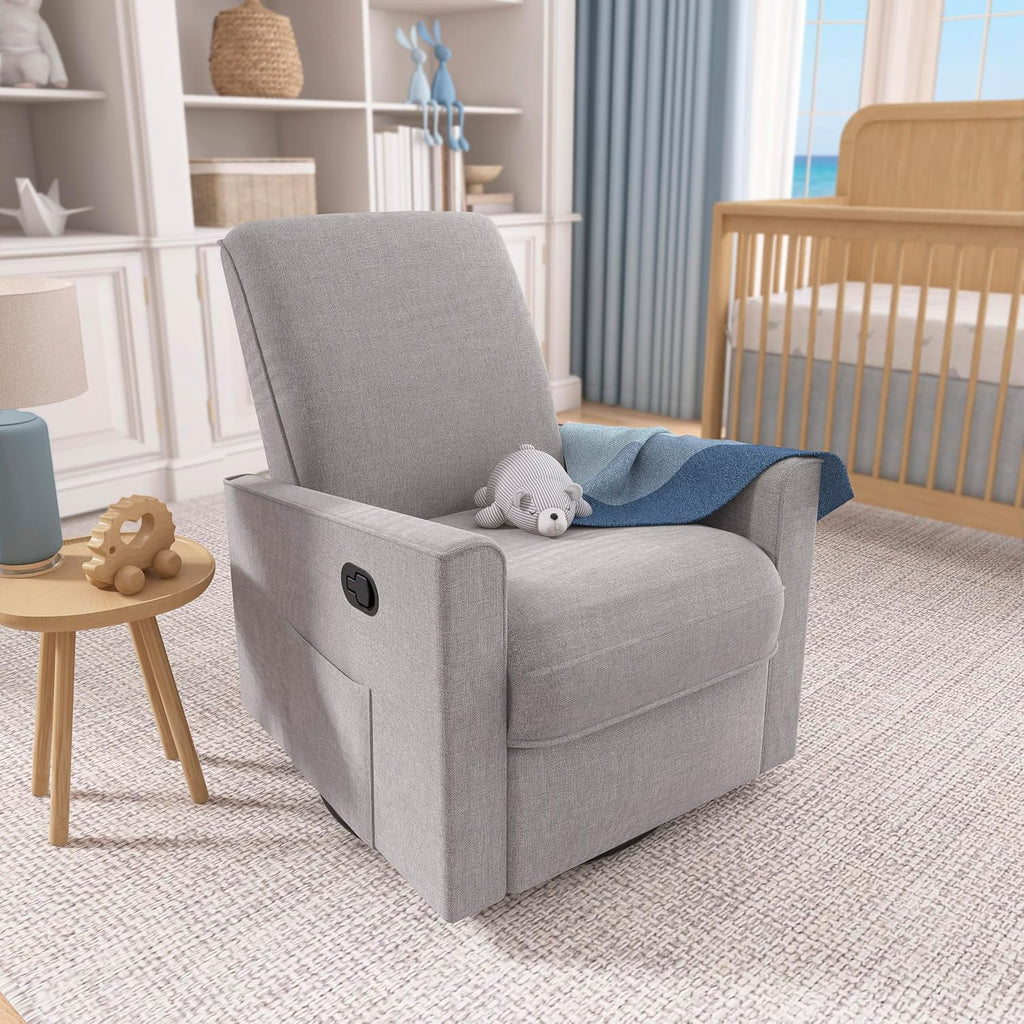 Evolur Raleigh Glider with Massager in Charcoal, Upholstered Plush Seating 360° Swivel Glider Rocking Chair, FSC Certified, Greenguard Gold & JPMA Certified Nursery Glider Recliner