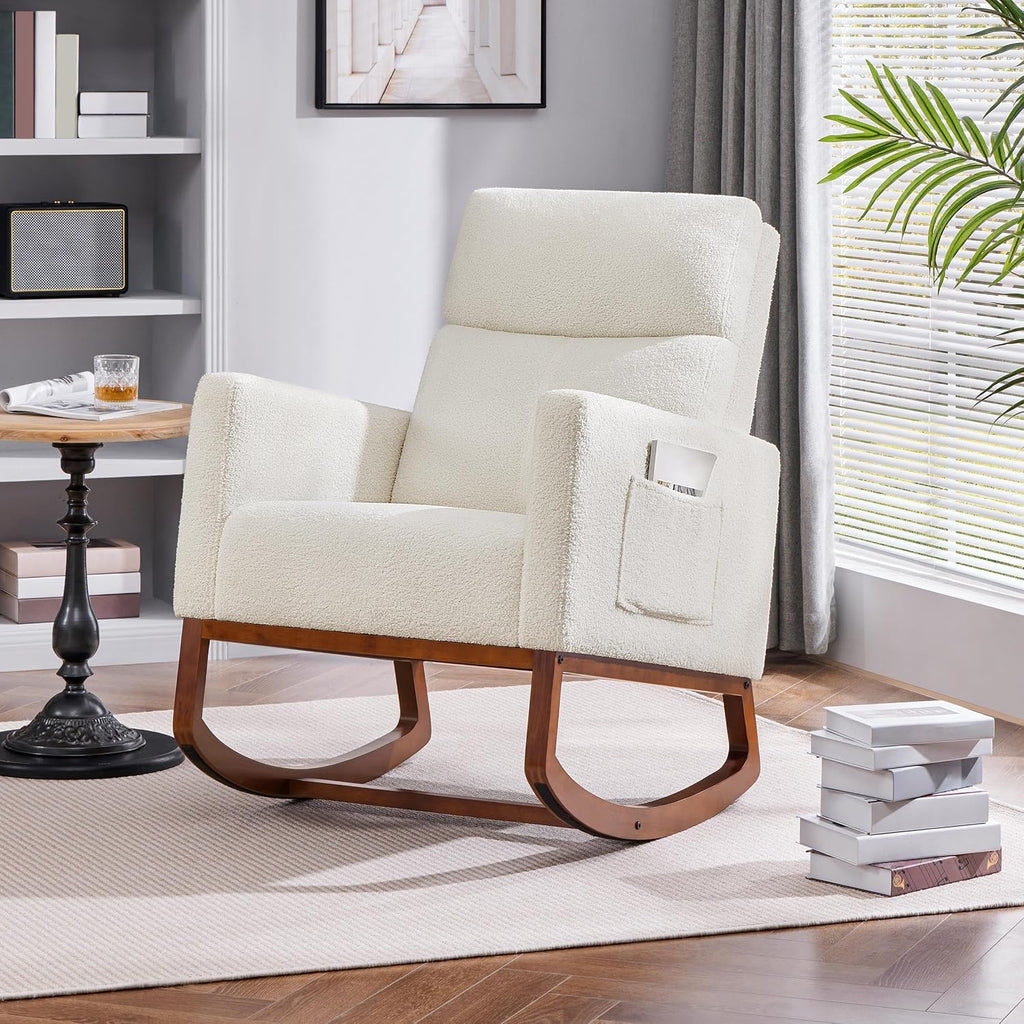 Yaheetech Upholstered Rocking Chair, Boucle Nursery Glider Chair with Side Pocket, Modern Rocking Accent Armchair with High Back and Rubber Wood Legs for Living Room Bedroom Nursery, 2 Pcs, Ivory