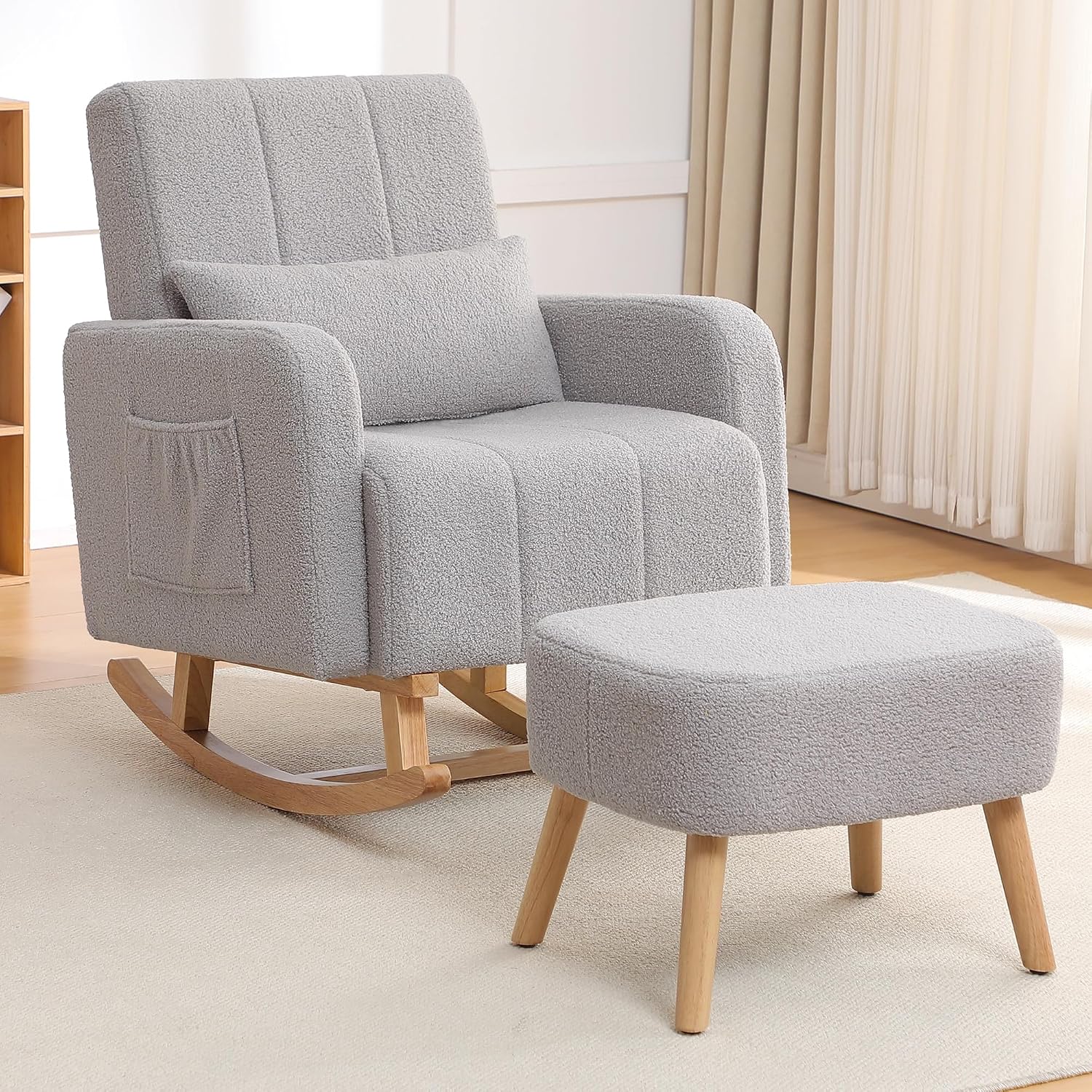 HCHAIRH Rocking Chair with Ottoman, Nursing Glider Rocker with High Backrest and Side Pocket, Comfy Reading Chair with Solid Wood Legs for Nursery/Living Room/Bedroom Light Grey