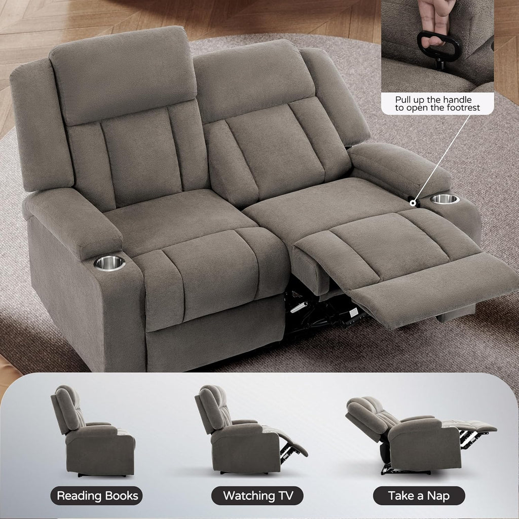Recliner Sofa with Cup Holders, 3-Seater Fabric Reclining Couch, Manual Recliner Wall Hugger for Living Room, Home Theater, Small Spaces (Light Brown)
