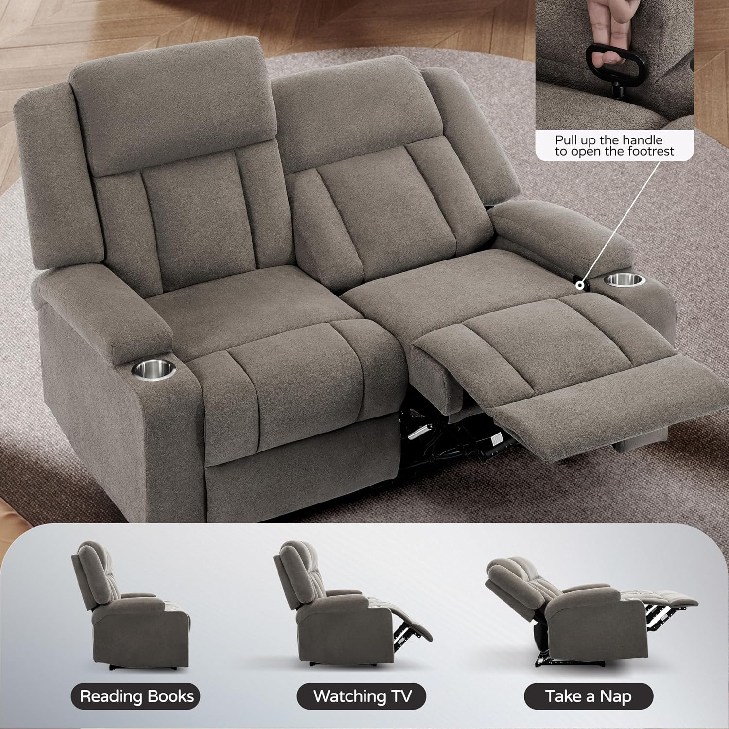 Recliner Sofa with Cup Holders, 3-Seater Fabric Reclining Couch, Manual Recliner Wall Hugger for Living Room, Home Theater, Small Spaces (Light Brown)