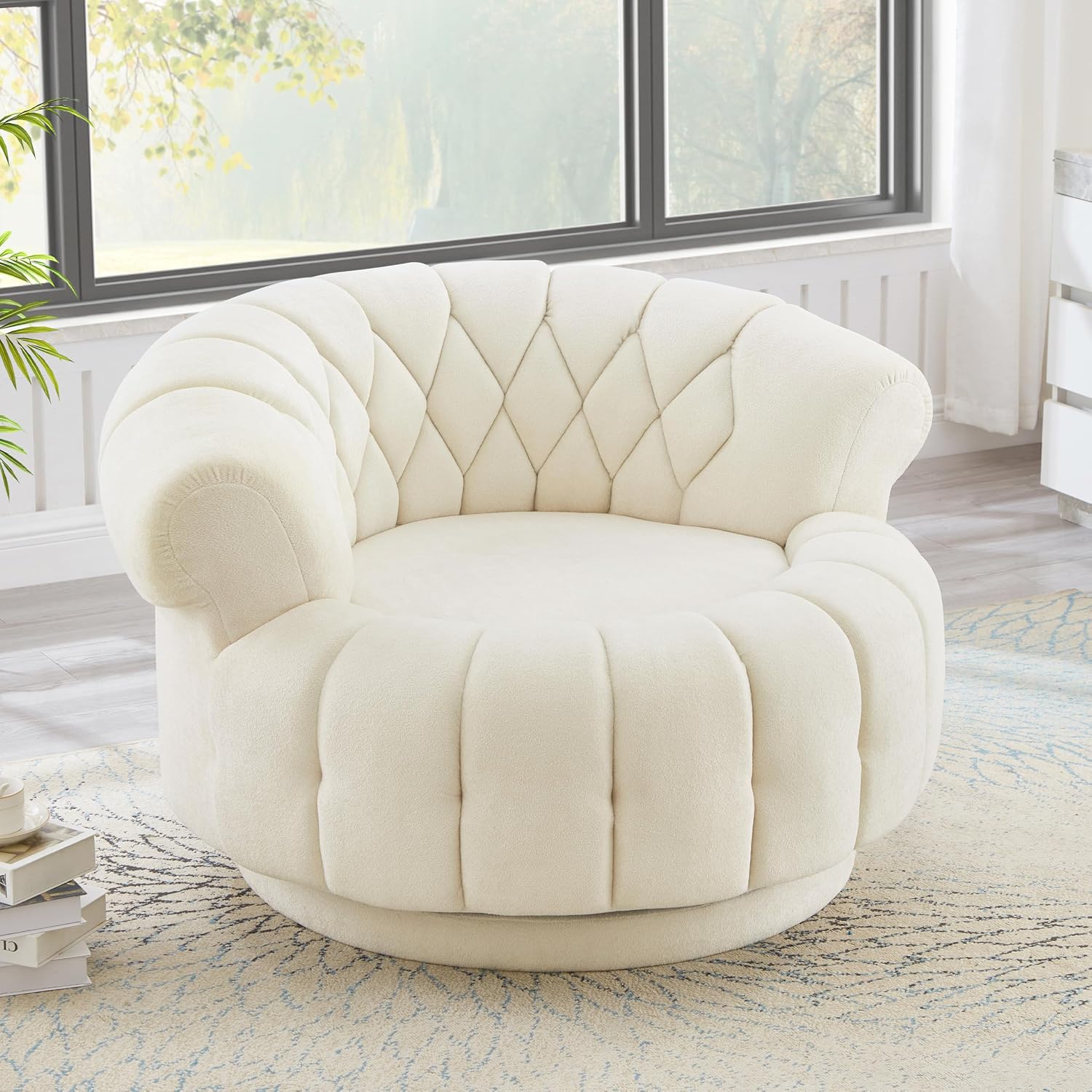 360° Swivel Accent Chair, Chenille Fabric Barrel Swivel Chair Round Club Chair with Curved Armrests & Thick Cushioning, Stylish Channel-Tufted & Diamond-Quilted Backrest for Living Room (Beige,02)