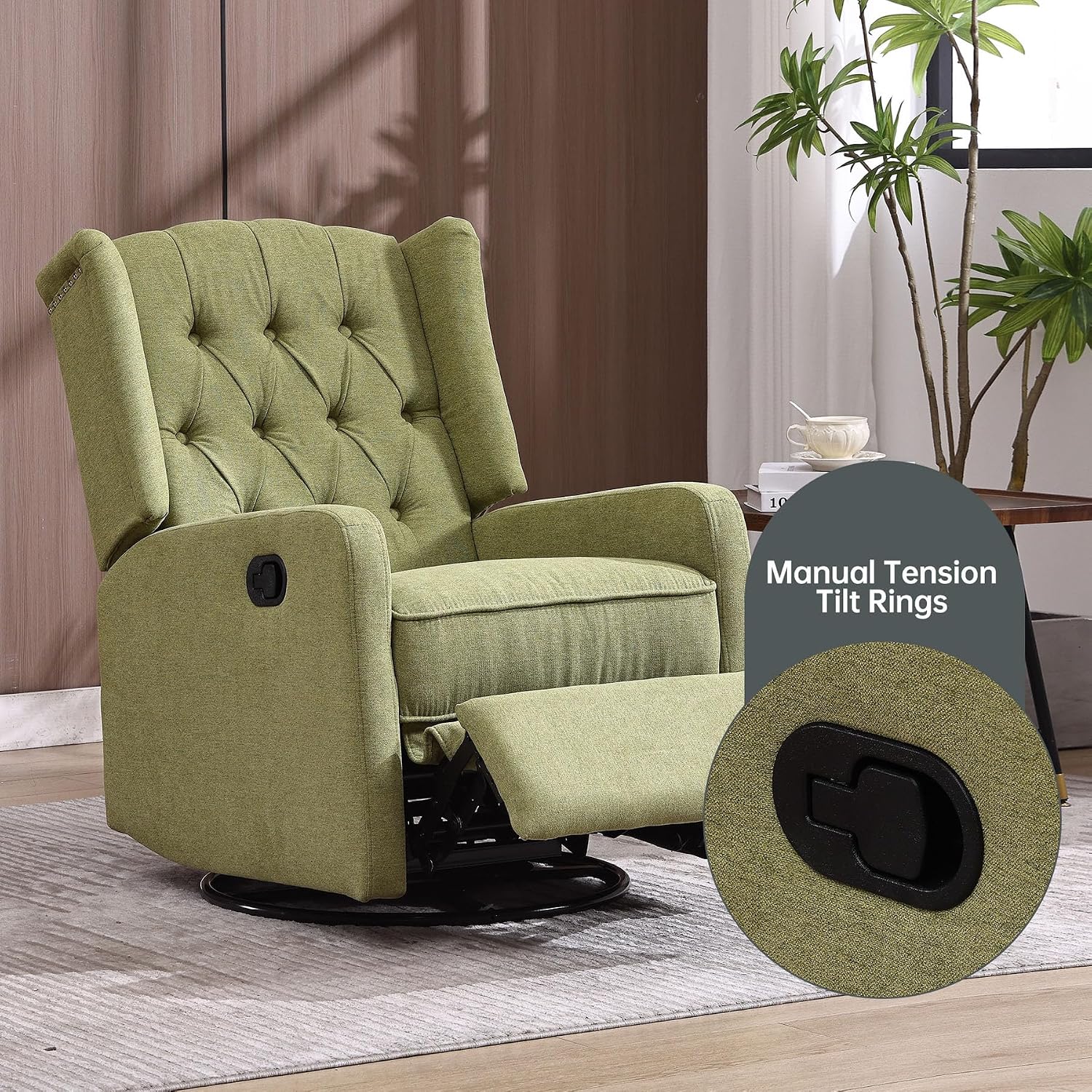 HRVEOCEI Glider Recliner Nursery Chair, Cozy Linen Rocking Chair Nursery Recliner with Adjustable Button Backrest and Footrest, Swivel Recliner Chair for Living Room, Bedroom, Office (Olive Green)