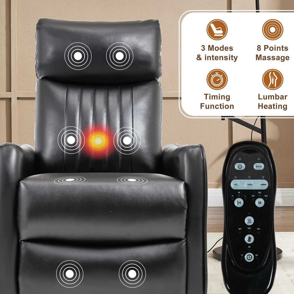 Manual Swivel Rocker Recliner Chair for Adults, Overstuffed Recliner Glider with Massage and Heat, Living Room Reclining Chair, PU Leather Black