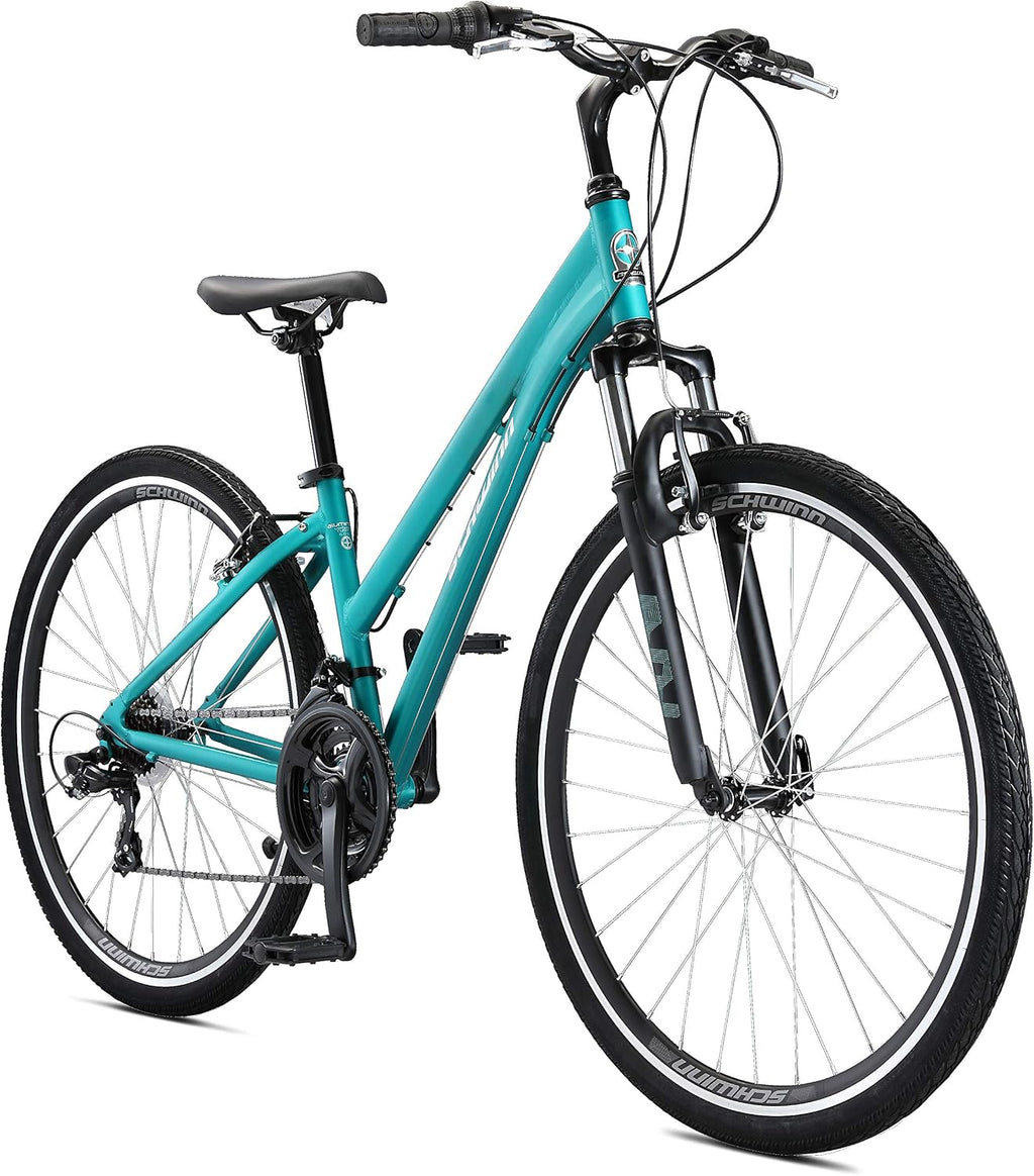 Schwinn Network 3.5 Hybrid Bike, Mens and Womens Bike, 21-Speed Hybrid Bicycle, Aluminum Frame, Suspension Seat, Alloy Linear Pull Brakes, Adult Bicycle