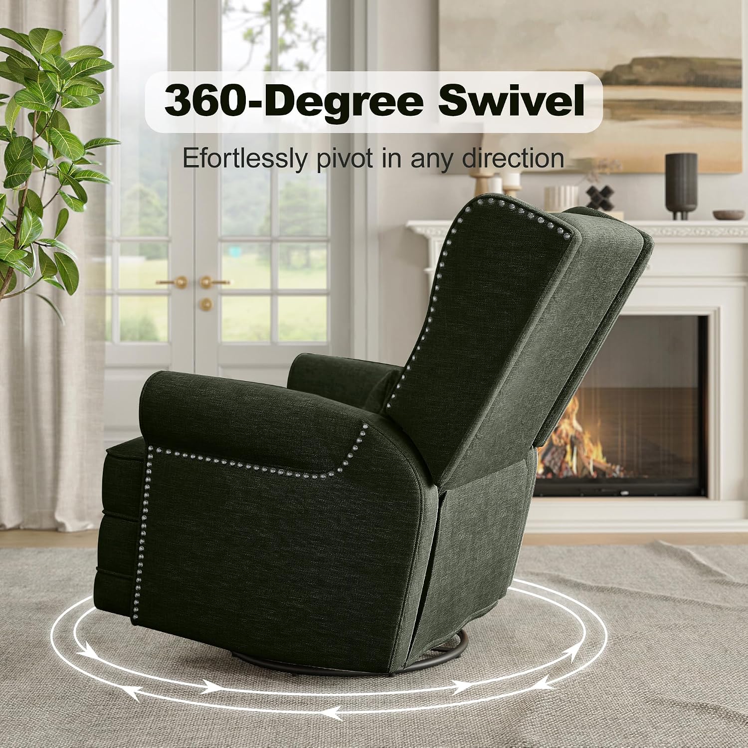 RoyalCraft Swivel Recliner Chair, Comfy Glider Rocking Chairs with Lumbar Pillow and Footrest, Upholstered Swivel Rocking Chair for Bedroom, Dark Green