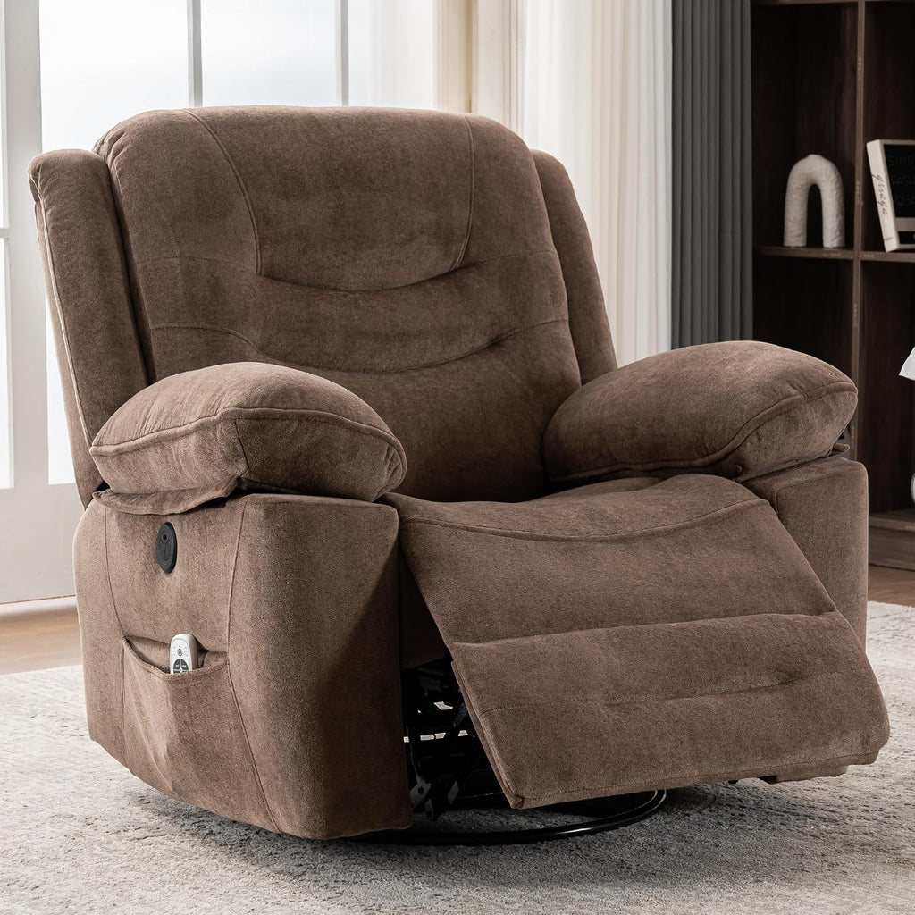 Ketaiyou Power Swivel Rocker Recliner with Massage and Heat, USB Port, Infinite Position, Oversized Electric Glider Rocking Chairs Living Room, Soft Fabric Reclining Sofa Chair(Mocha)