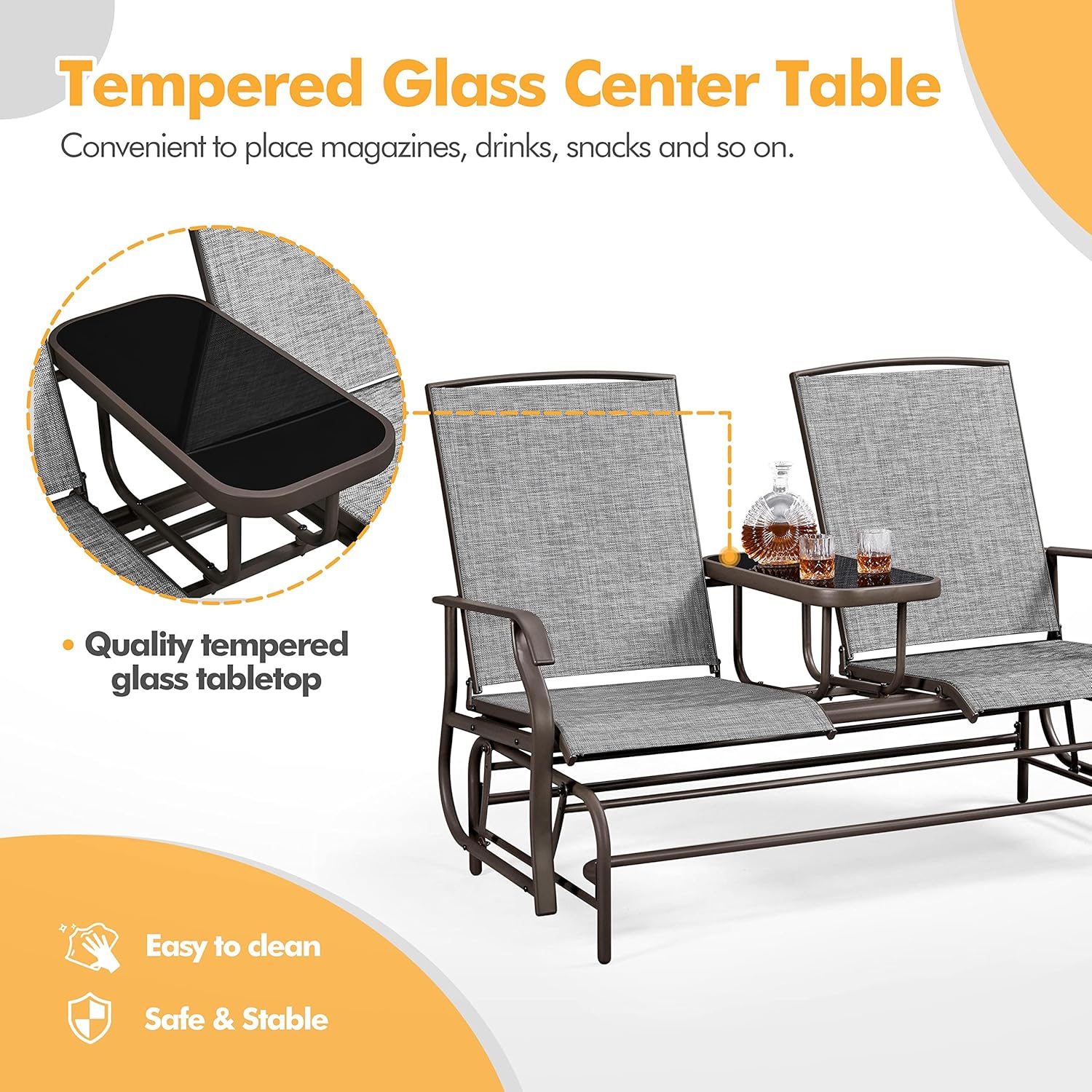 Yaheetech 2-Seat Outdoor Glider with Center Table, Patio Rocking Loveseat with Breathable Mesh Sturdy Metal Frame for Garden Pool Lawn, Gray