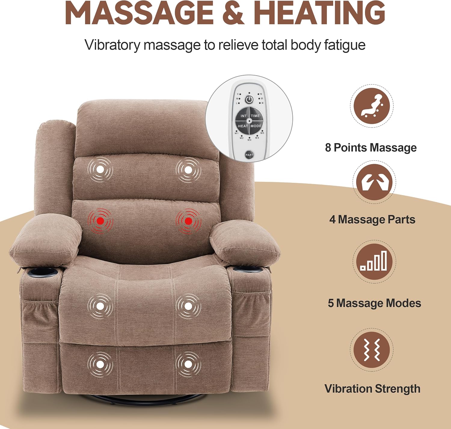 Rocker Recliner Chair with Heat and Massage, 360° Swivel Nursery Rocking Chairs for Adults, Oversized Recliner Single Sofa Seat with Cup Holders, Lazy Boy Recliner Single Sofa (Manual, Brown)