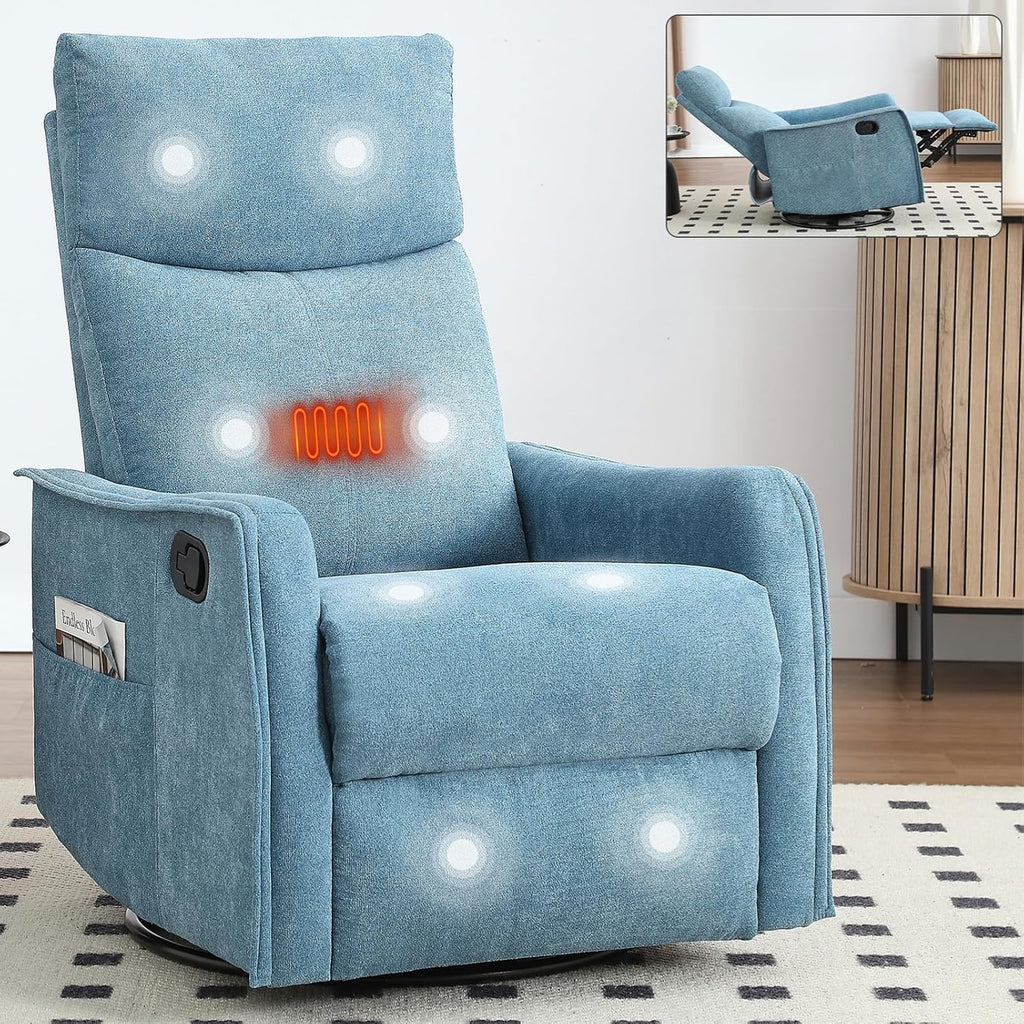 Rocking Recliner Chair with Heat and Massage, 360° Swivel Glider Rocker with Reclining Backrest and Footrest, Modern Nursery Rocking Chairs for Adults for Bedroom, Living Room, Office (Blue)