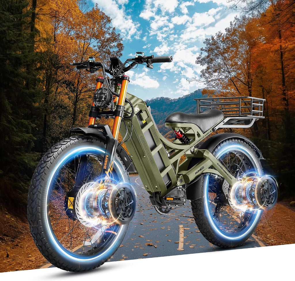 eAhora 2025 Romeo Pro 2 Electric Bike for Adults 4000W Dual Motor Electric Bicycle 46MPH 52V 70Ah 200+Miles Long Range 26 * 4.0 Fat Tire Full Suspension Electric Mountain Bike with Rack+Basket Green