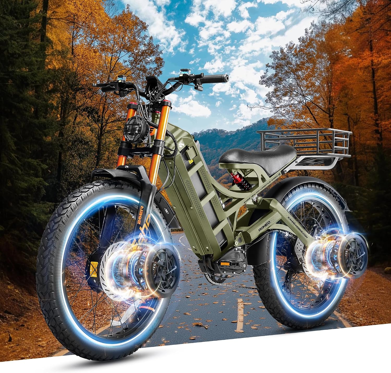 eAhora 2025 Romeo Pro 2 Electric Bike for Adults 4000W Dual Motor Electric Bicycle 46MPH 52V 70Ah 200+Miles Long Range 26 * 4.0 Fat Tire Full Suspension Electric Mountain Bike with Rack+Basket Green