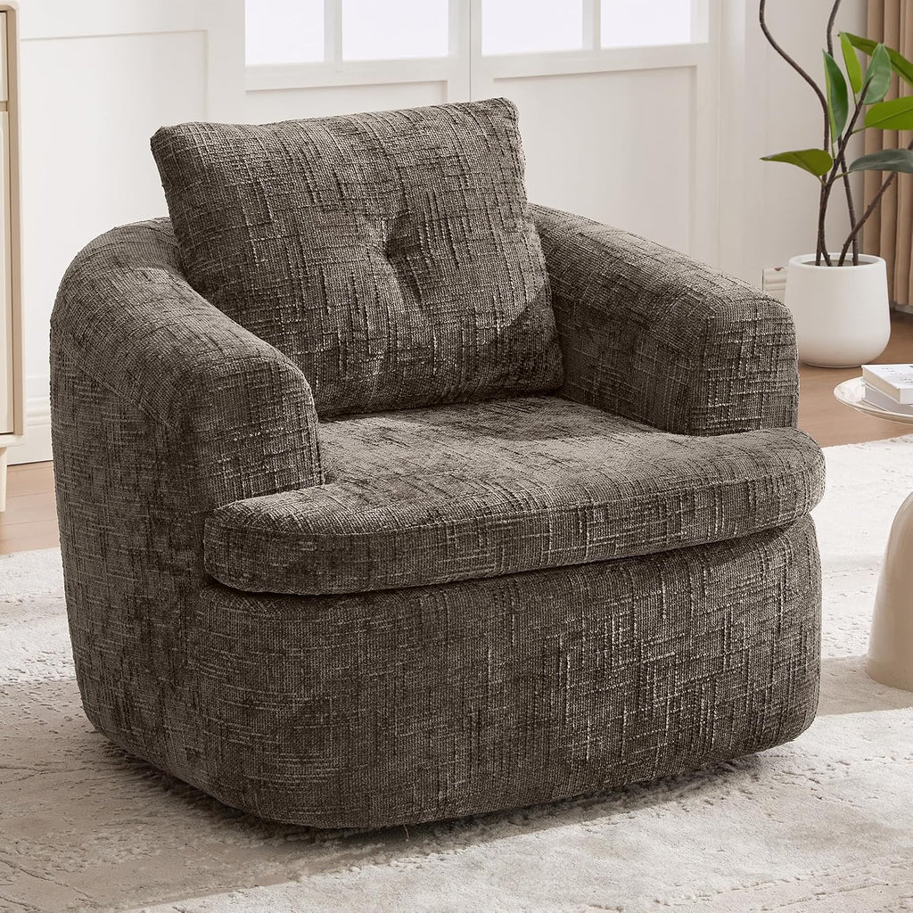 JIVOIT 360° Swivel Barrel Accent Chair, 36.6' Swivel Round Sofa Chair with Dual-Layer Cushion Design, Modern Upholstered Single Sofa for Living Room, Bedroom, Office and Hotel (Brown, 121)