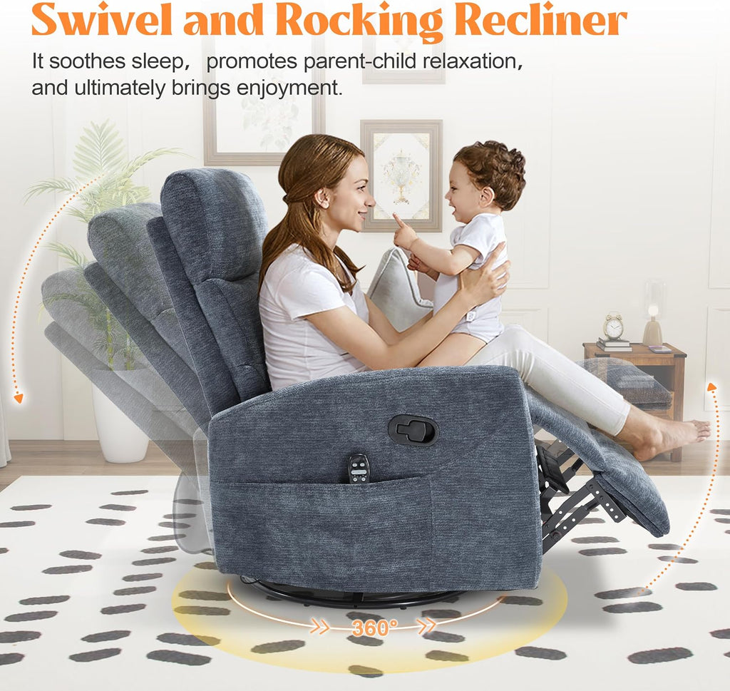 Luxlen Manual Swivel Rocker Recliner Chair with Massage, Overstuffed Recliner Glider with Vibration Massage and Heat for Nursery, Living Room Reclining Sofa Chair, Fabric Blue