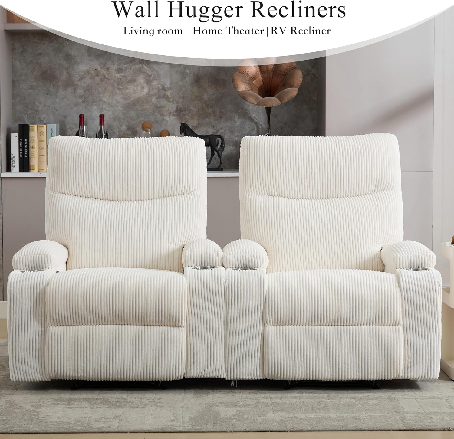 Manual Recliner Chair with Pull Ring, 3 Position 140° Reclining Sofa for Living Room, Nursery, RV, and Office,Oversized Recliner Chairs for Adults(White Corduroy Fabric)