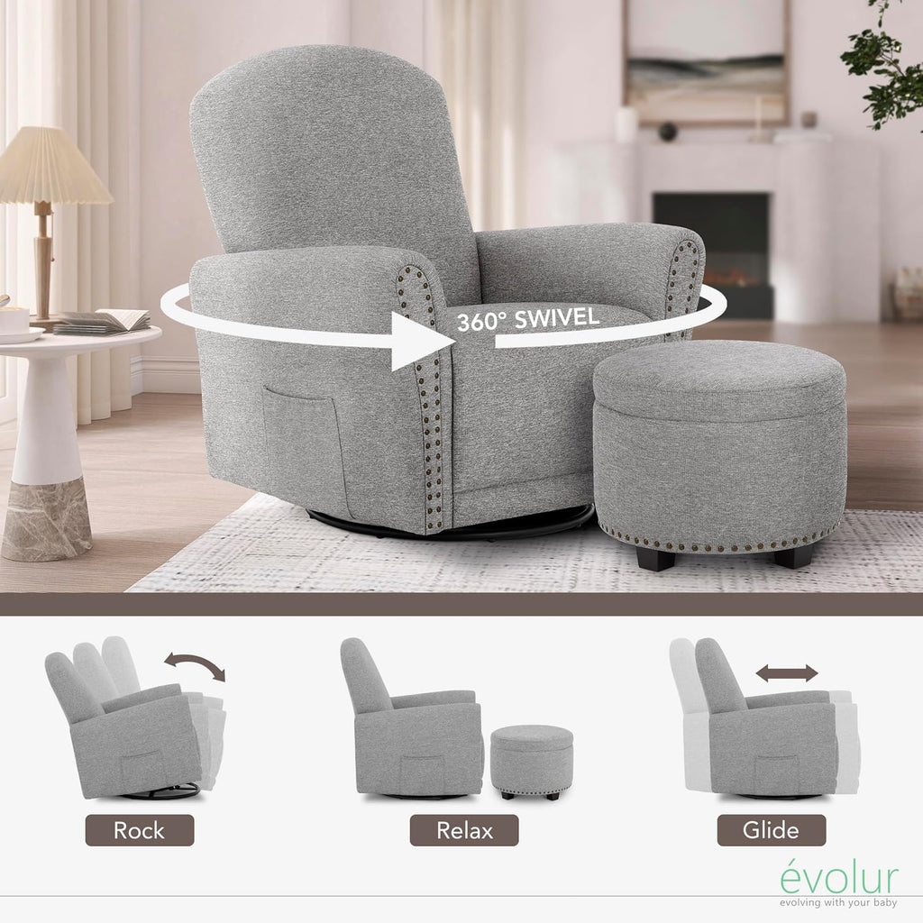 Evolur Vienna Swivel Glider with Ottoman, FSC Certified, Greenguard Gold and JPMA Certified Glider Rocking Chair, 360° Swivel Motion, Ergonomic Design Nursery Glider, Cobblestone