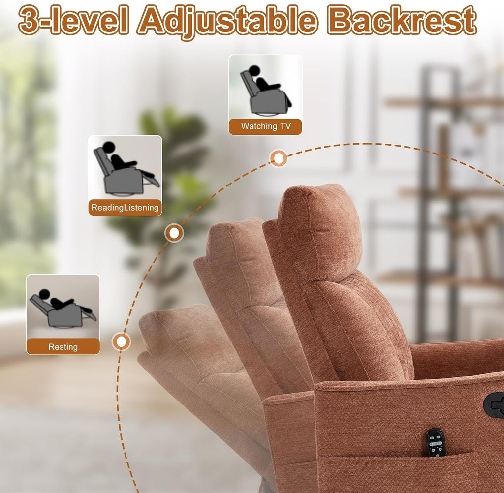 Manual Swivel Rocker Recliner Chair for Adults, Overstuffed Nursery Glider Recliner with Vibration Massage and Lumbar Heat, Living Room Reclining Chair, Fabric Orange