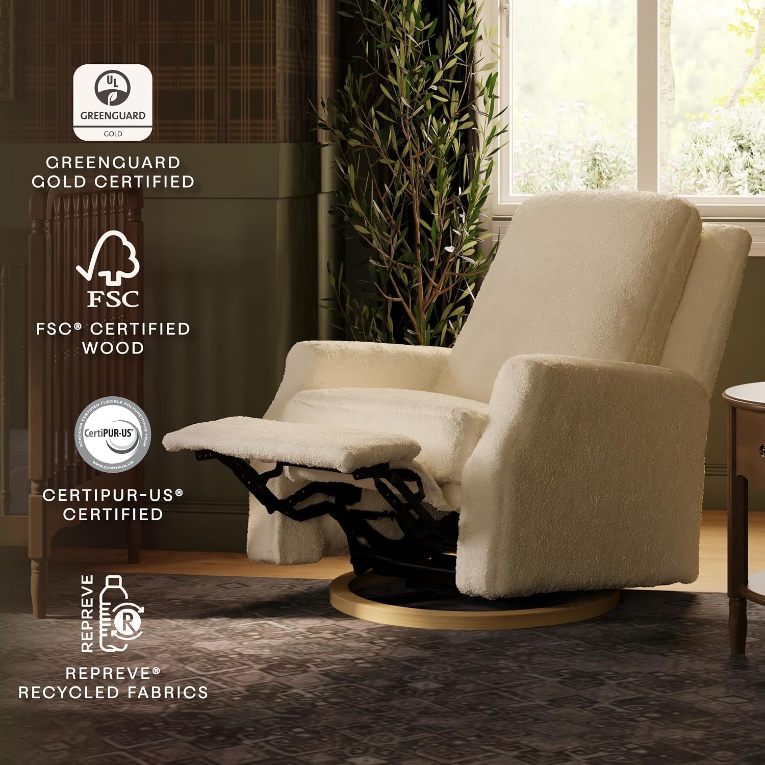 Namesake Crewe Glider Recliner Nursery Chair - GREENGUARD Gold & Certi-PUR US Certified Rocker Recliner - Glider Rocking Chair for Nursery & Living Room - Manual, 360° Swivel, Ivory