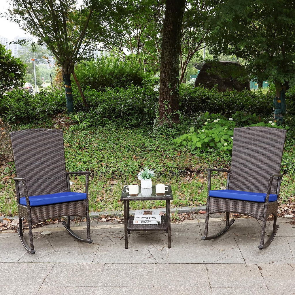 Oasishine Rocking Chair Outdoor 3 Pieces High-Backed Patio Rocking Chairs Bistro Table and Chairs Set of 2, Royal Blue