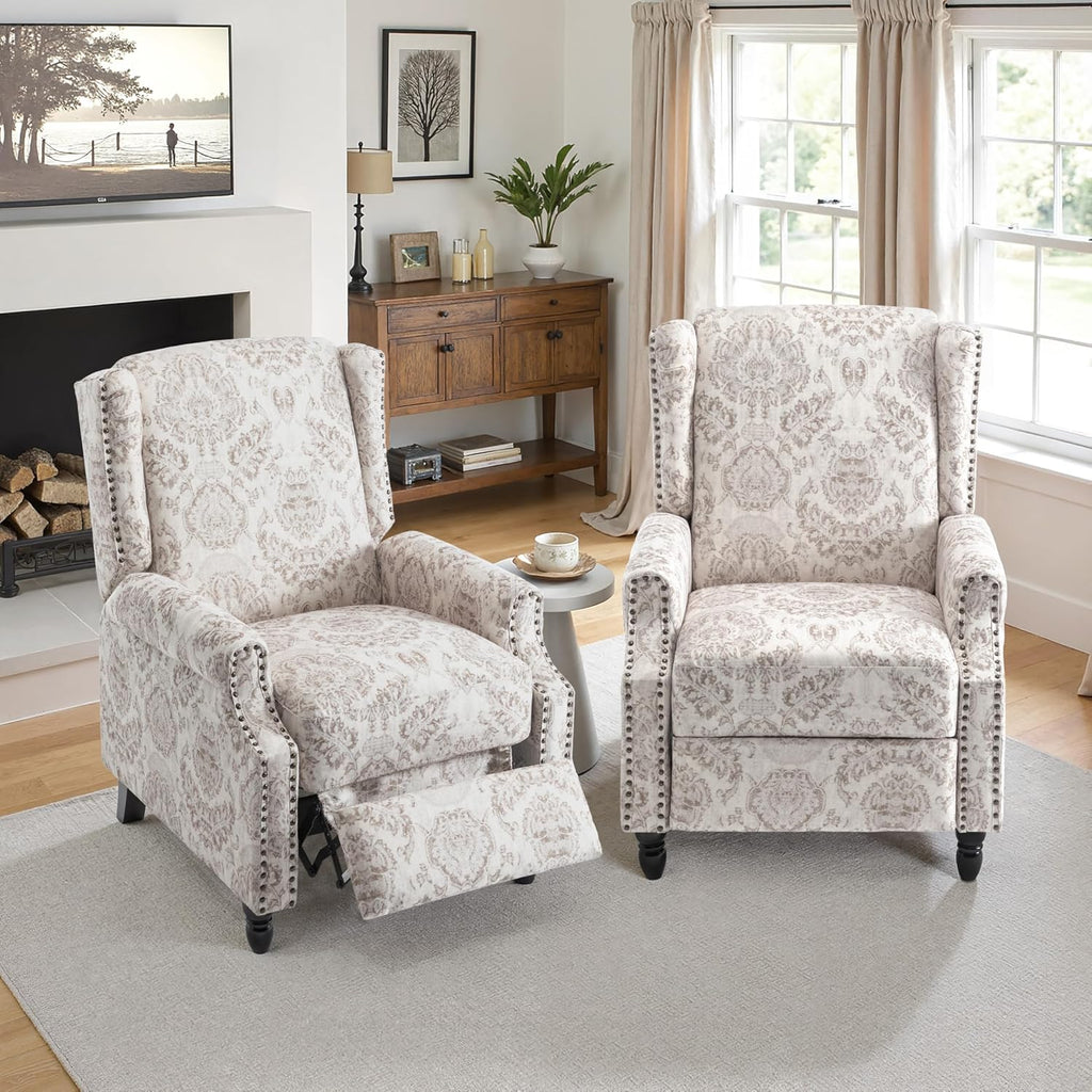 Wingback Recliner Chairs, Comfy Fabric Pushback Recliner Chair, Upholstered Armchair Push Back Recliner, Rivet Trim Single Sofa Accent Chair with Wood Legs for Living Room, Set of 2, Beige
