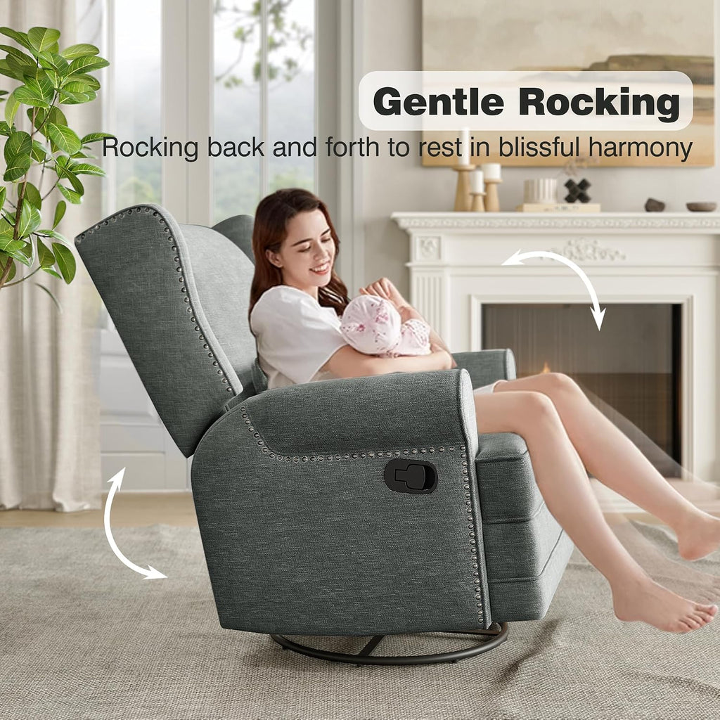 May in Color Nursery Glider Recliner, Comfy Upholstered Glider Chair with Lumbar Pillow and Footrest, Swivel Rocking Chair for Bedroom, Living Room, Dark Grey