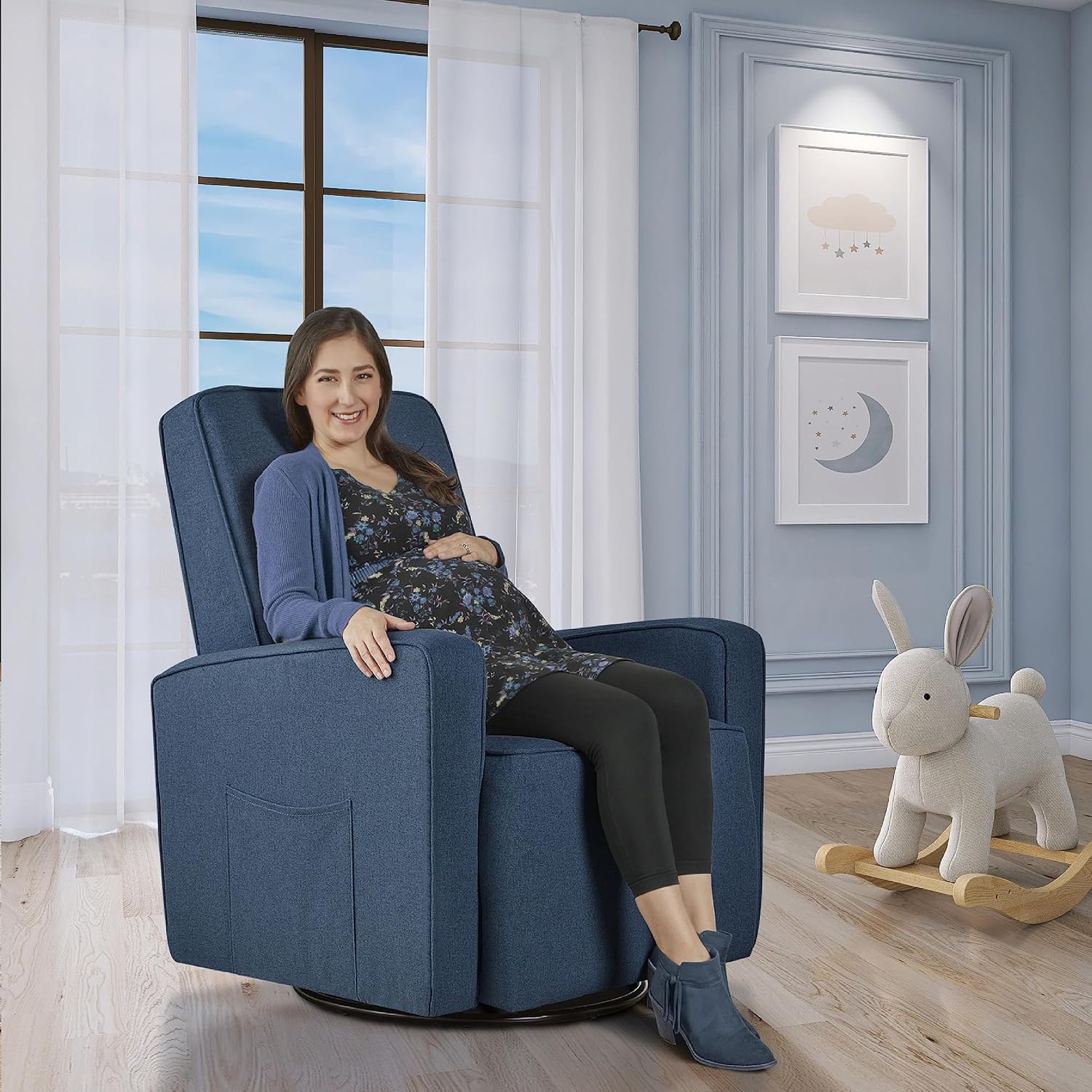 Evolur Holland Upholstered Plush Seating Glider Swivel, Glider Chair for Nursery in Navy, Modern Nursery Glider, Tool-Free Assembly, Easy to Clean, Environmentally Conscious Glider