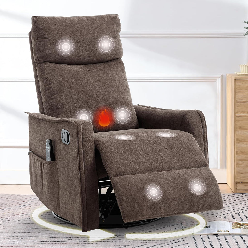 cinkehome Swivel Rocker Recliner, Glider Rocker Recliner Chair for Nursery, Manual Reclining Chair with Heated Massage, Small Spaces, Living Room, Linen Brown