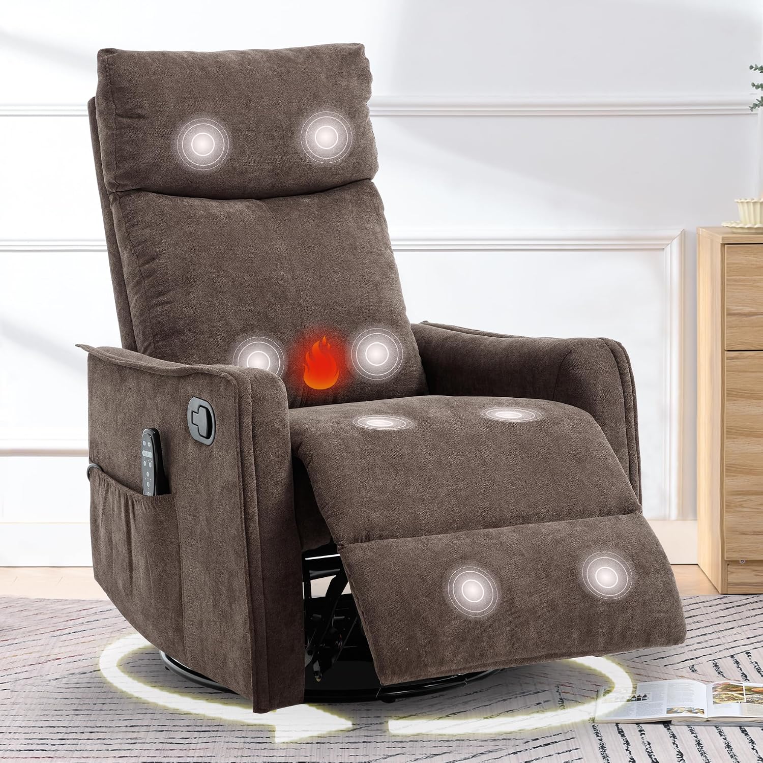 cinkehome Swivel Rocker Recliner, Glider Rocker Recliner Chair for Nursery, Manual Reclining Chair with Heated Massage, Small Spaces, Living Room, Linen Brown