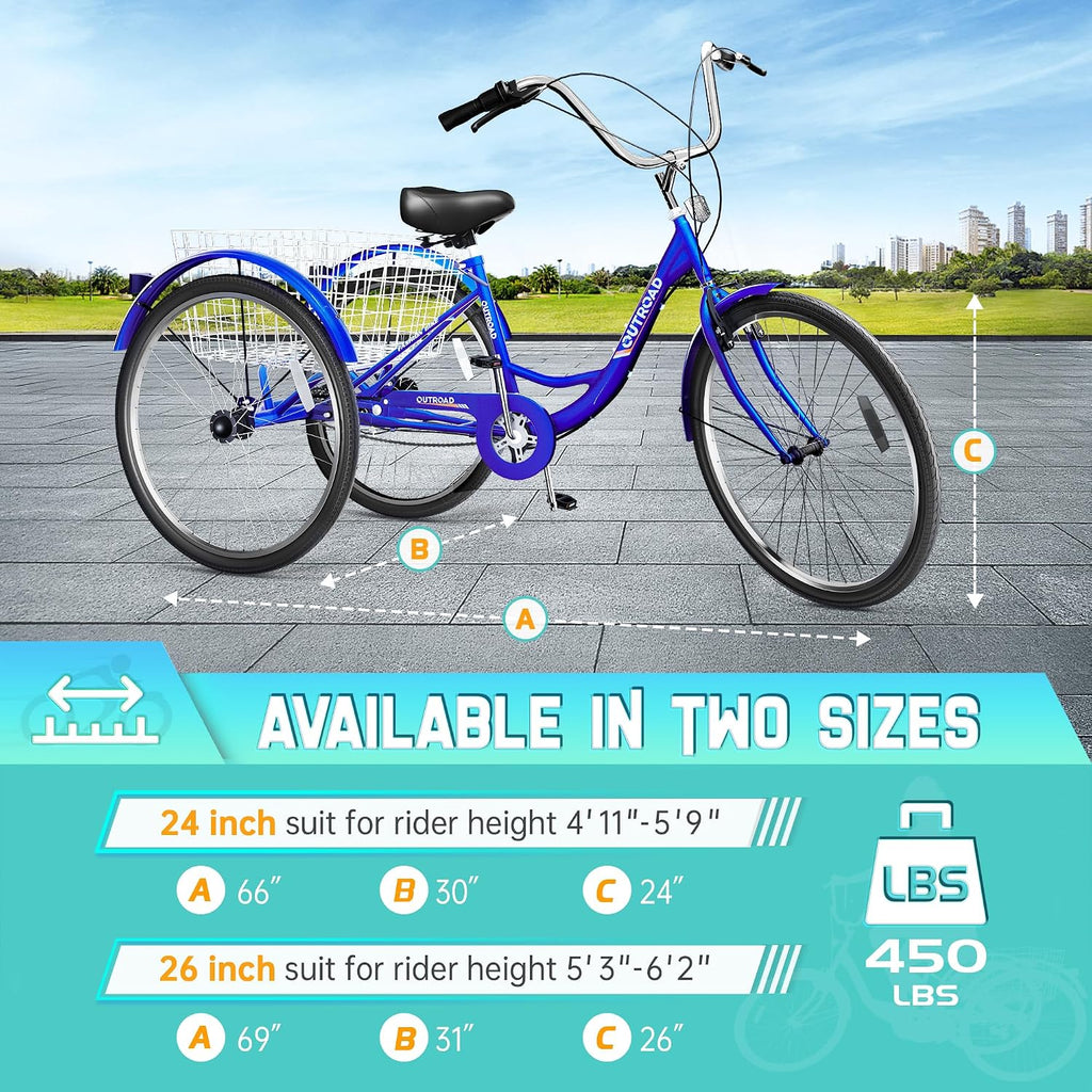 Single Speed Adult Tricycle, 3 Wheel Bikes with Large Basket, Cruiser Bike for Women/Men/Seniors, Adult Trike for Outdoor/Shopping/Recreation/Picnic(26Inch Blue)