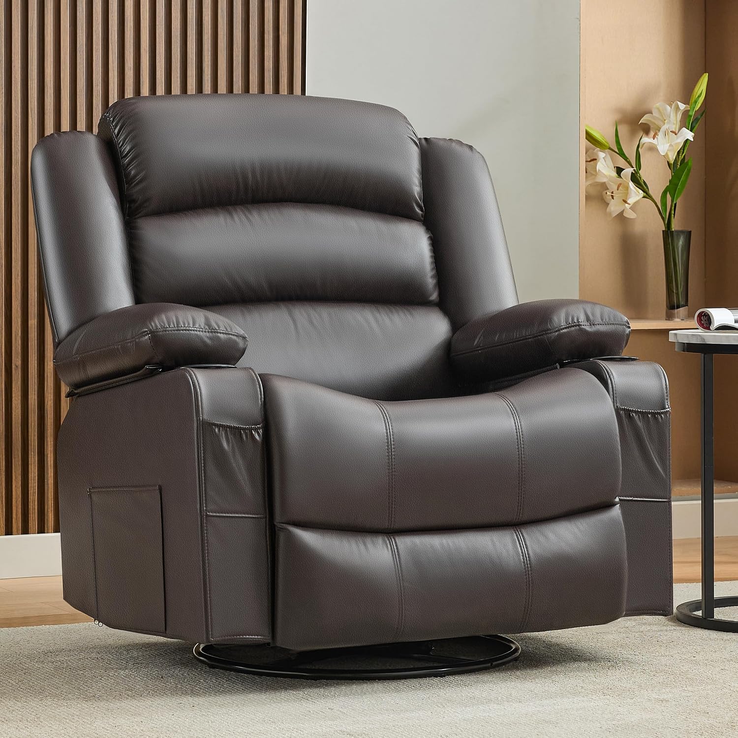 Oversized Nursery Rocking Chairs with Heat and Massage, 360° Swivel Recliner Chair for Adults, Recliner Single Sofa Seat with Cup Holders, Lazy Boy Recliner Single Sofa (Oversized Manual, Darkbrown)