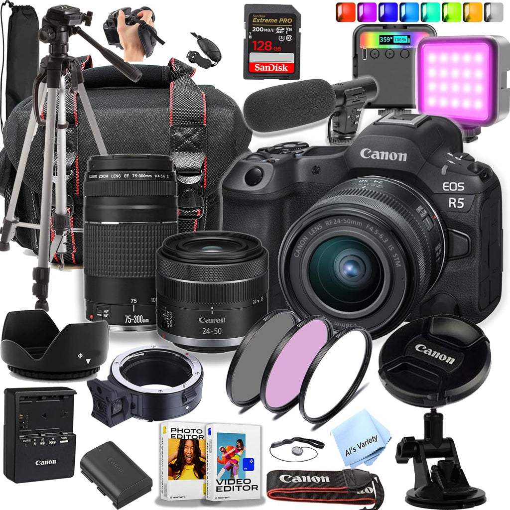 Canon EOS R5 45 MP Full-Frame Mirrorless Camera with 24-50mm & 75-300mm Lenses + 128GB Extreme Card + Case+ Microphone + RGB Video Light + Tripod + More (Content Creator Bundle) (Renewed)