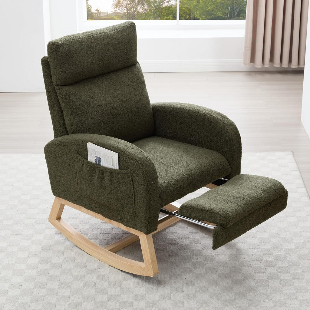 Setawix Teddy Rocking Glider Chair with Footrest for Nursery,Upholstered Living Room Rocker Arm Chair,Leisure Rocking Armchair,Mid Century Modern Rocking Accent Chair with Side Pockets (Teddy Green)