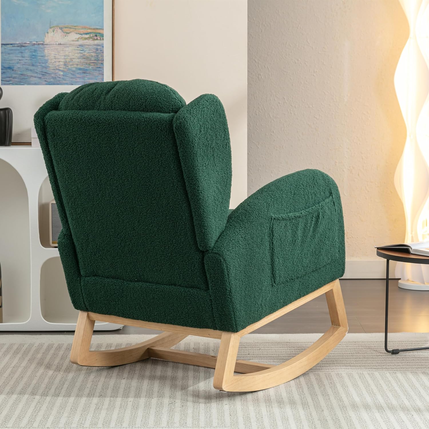 Setawix Teddy Rocking Glider Chair for Nursery,Upholstered Living Room Rocker Arm Chair,Leisure Sherpa Wingback Armchair,Mid Century Modern Rocking Accent Chair with Side Pockets (Wingback Green)