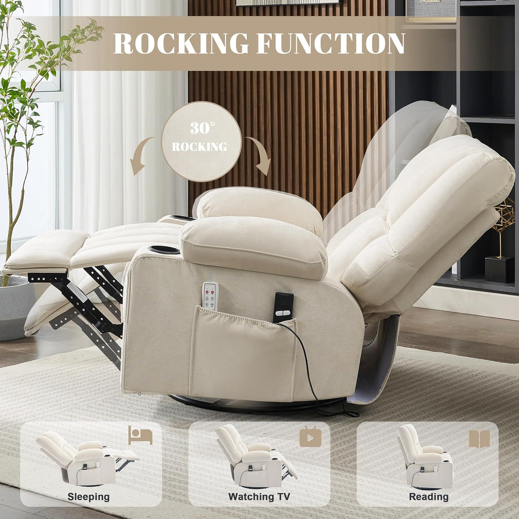 Oversized Recliner Chairs for Adults, Swivel Rocker Recliner with Heat and Massage Lazy Boy Recliner, Recliner Chairs Single Sofa Seat with Cup Holders (Beige, Electric)