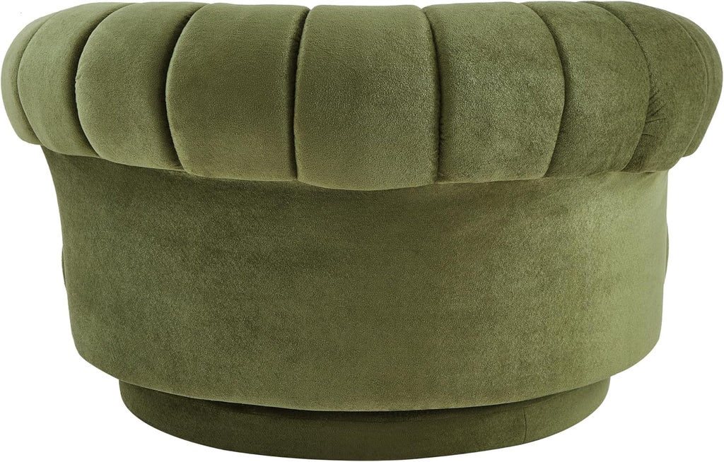 360° Swivel Accent Chair, Chenille Fabric Barrel Swivel Chair Round Club Chair with Curved Armrests & Thick Cushioning, Stylish Channel-Tufted & Diamond-Quilted Backrest for Living Room (Green,02)