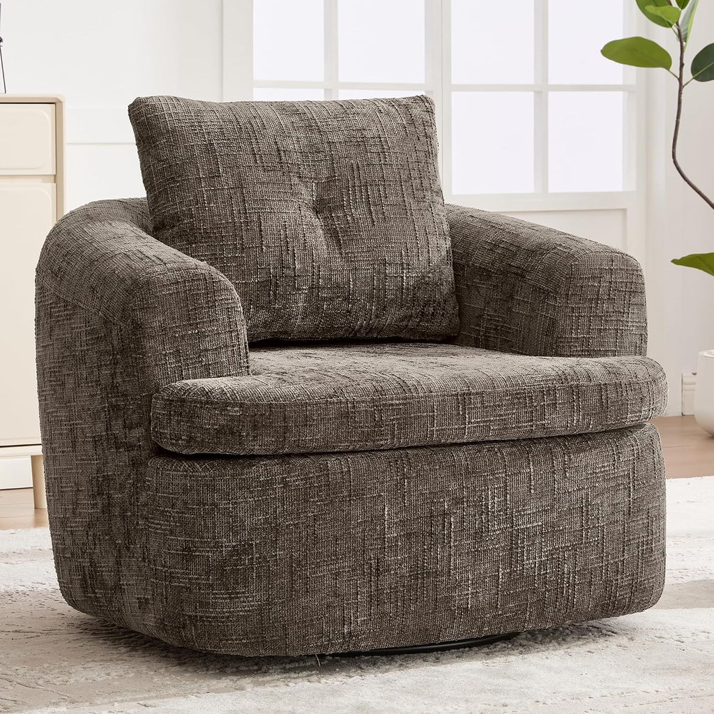 JIVOIT 360° Swivel Barrel Accent Chair, 36.6' Swivel Round Sofa Chair with Dual-Layer Cushion Design, Modern Upholstered Single Sofa for Living Room, Bedroom, Office and Hotel (Brown, 121)