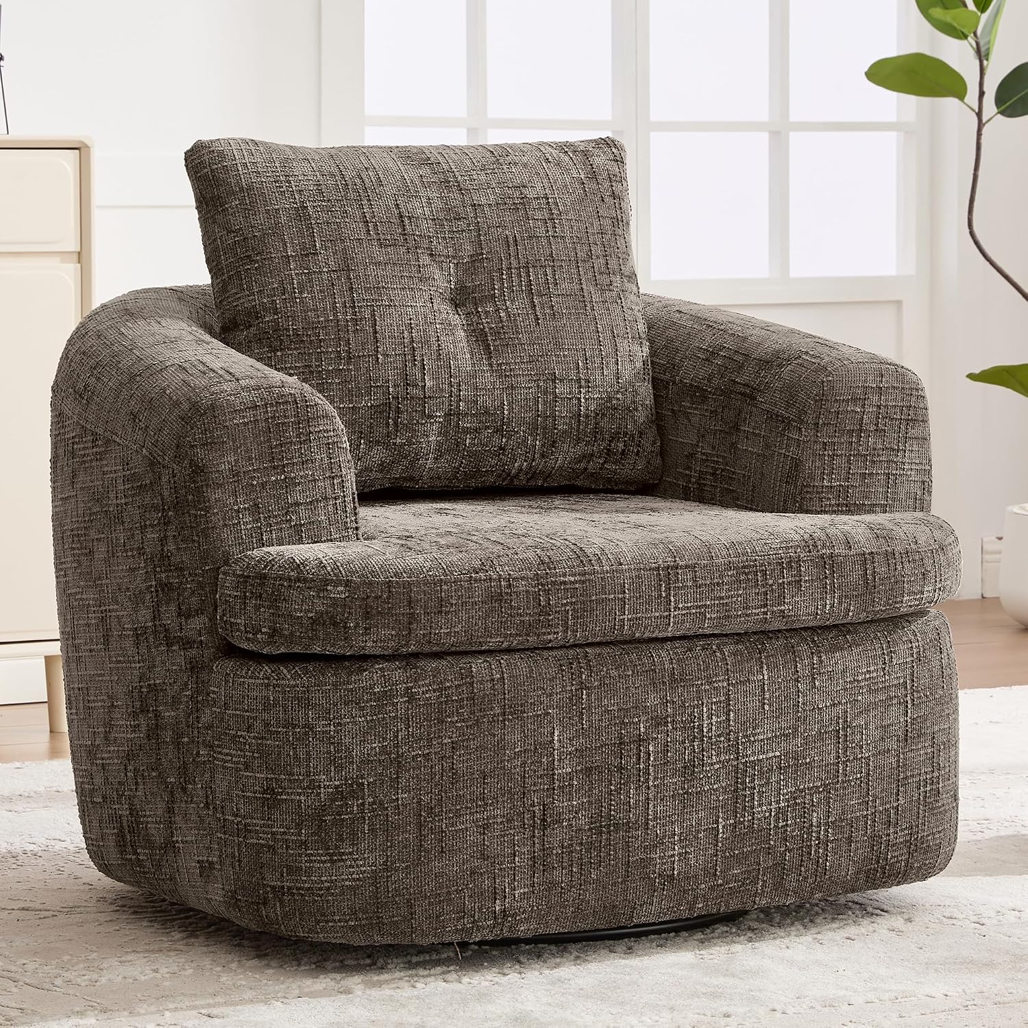 JIVOIT 360° Swivel Barrel Accent Chair, 36.6' Swivel Round Sofa Chair with Dual-Layer Cushion Design, Modern Upholstered Single Sofa for Living Room, Bedroom, Office and Hotel (Brown, 121)